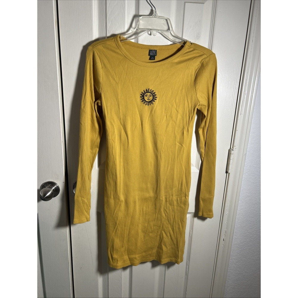 Wild Fable Yellow Ribbed Fitted Dress Long Sleeve M Sun Graphics